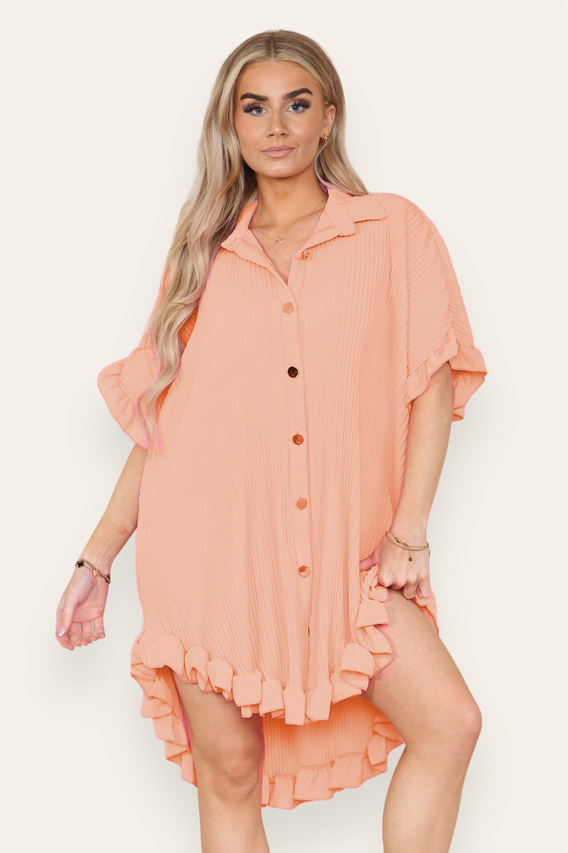 Ladies Oversized Italian Dress Top - Gold Button Pleated Frill Design