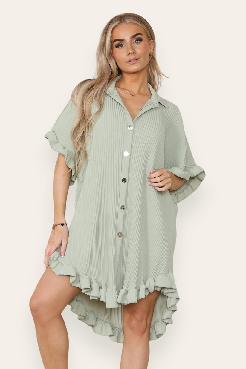 Ladies Oversized Italian Dress Top - Gold Button Pleated Frill Design