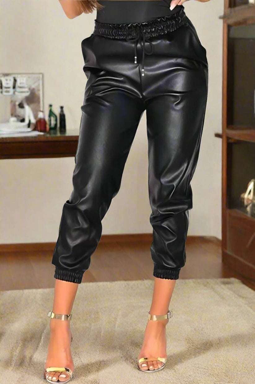 Ladies Wet Look Faux Leather Joggers - PU Tie-Up Trousers