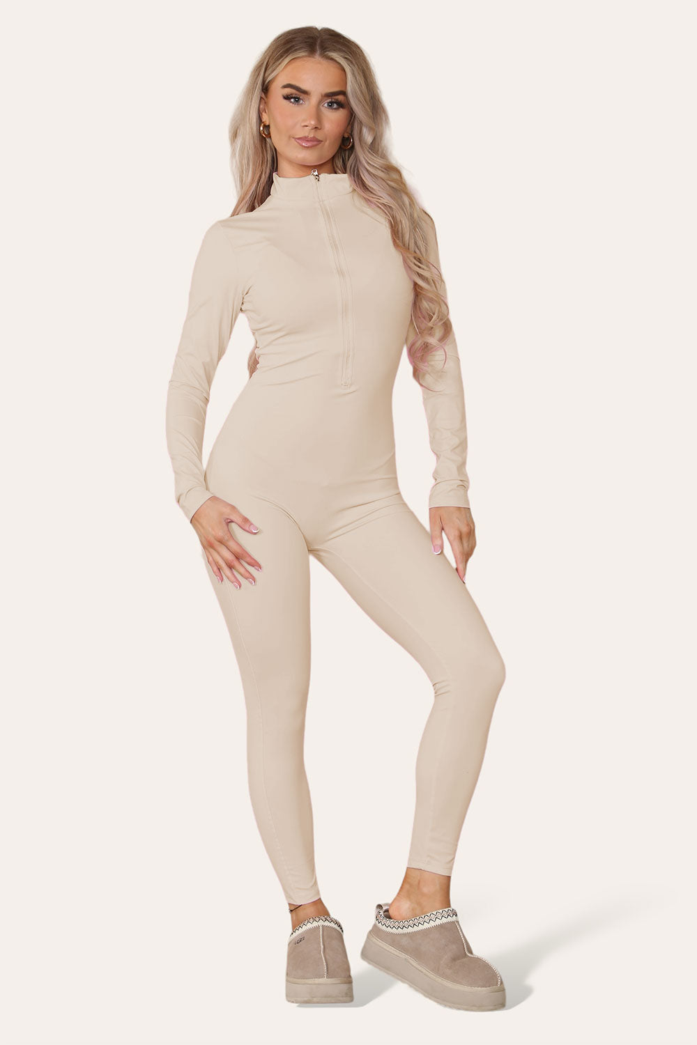 Ladies Ribbed High Neck Jumpsuit - Zipper Collar Unitard Set