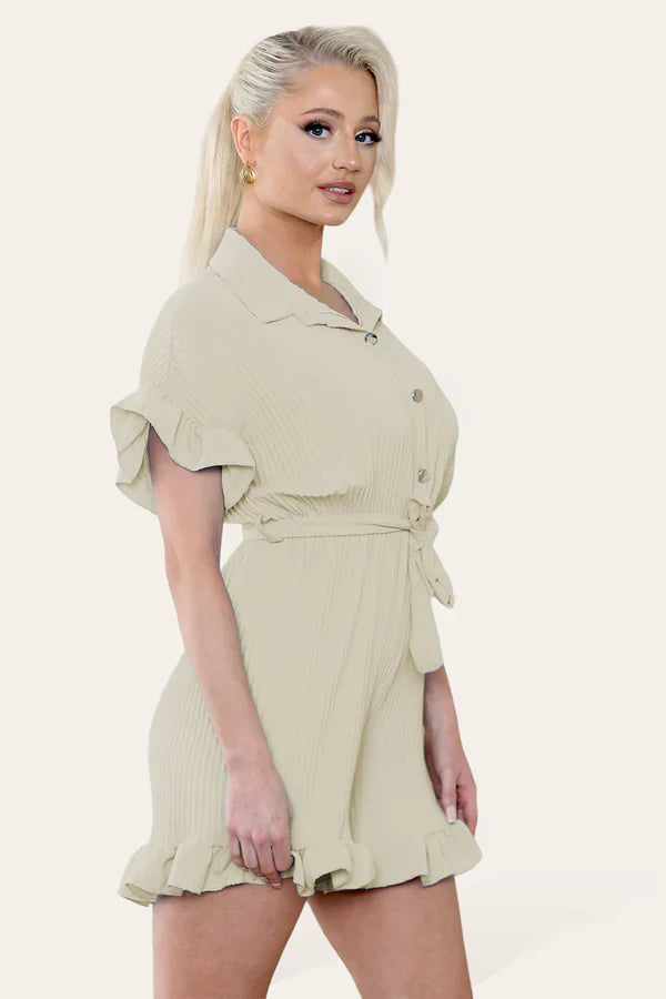 Ladies Pleated Ruffle Playsuit - Short Sleeve with Frill Hems