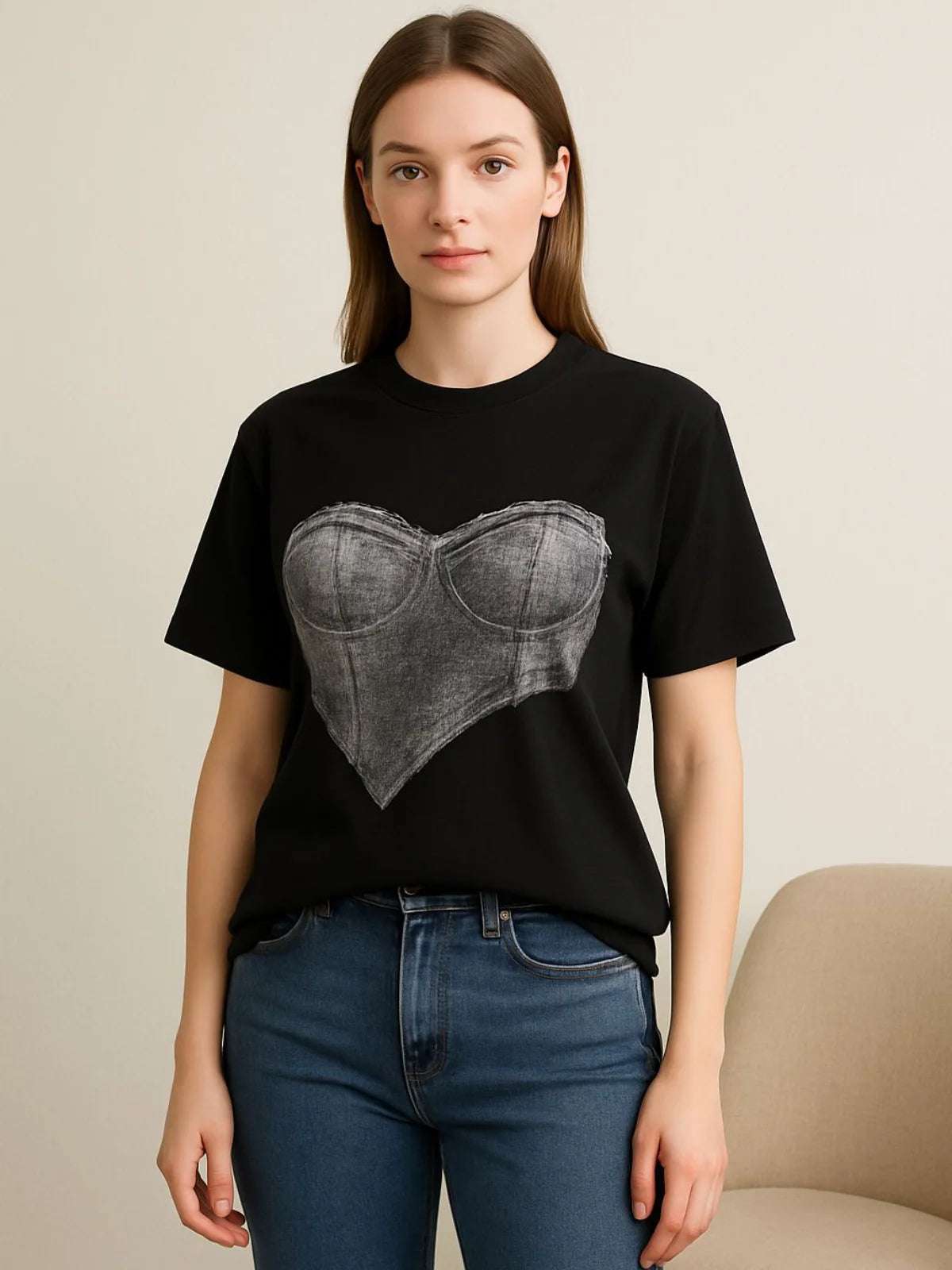Ladies Denim Bra Patch T-Shirt - Unique Graphic Top
