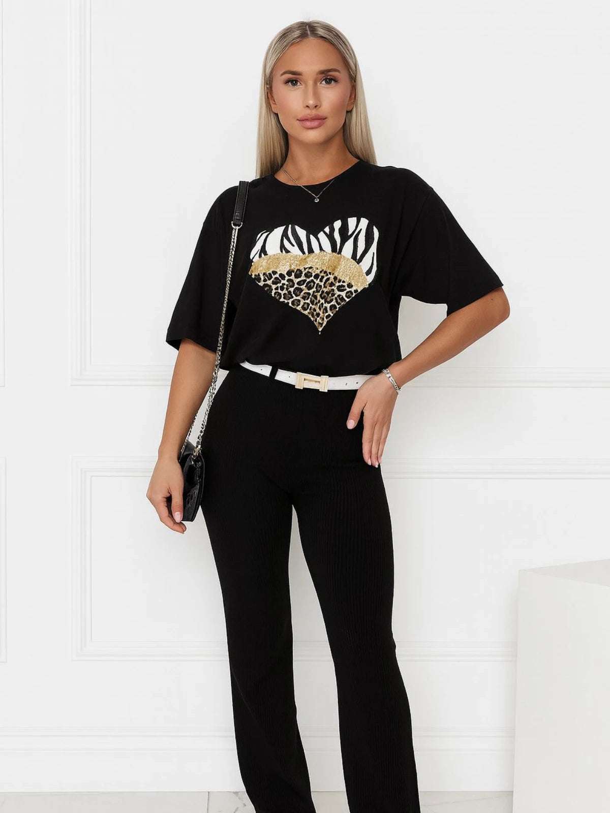 Ladies Oversized Animal Print Heart T-Shirt - Tiger Leopard Graphic