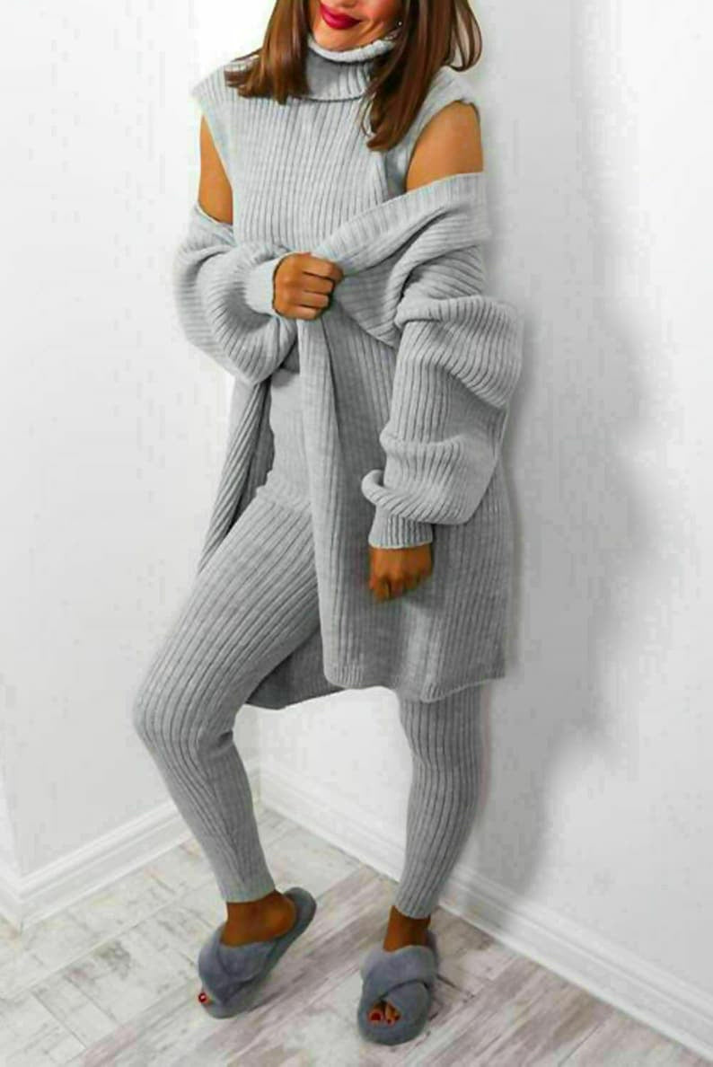 Ladies 3 Piece Roll Neck Chunky Knit Loungewear Set - Ribbed Tracksuit