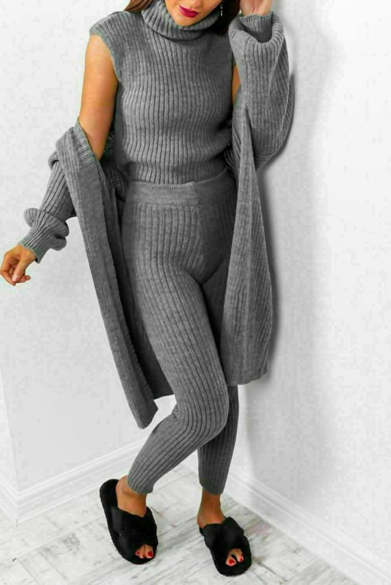 Ladies 3 Piece Roll Neck Chunky Knit Loungewear Set - Ribbed Tracksuit