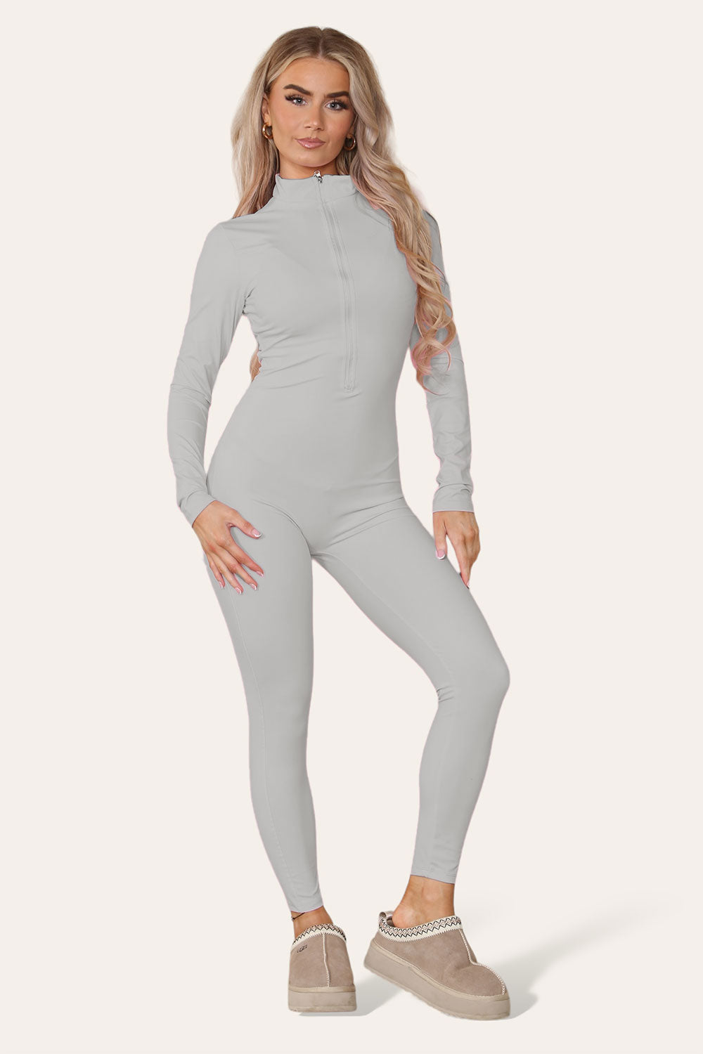 Ladies Ribbed High Neck Jumpsuit - Zipper Collar Unitard Set