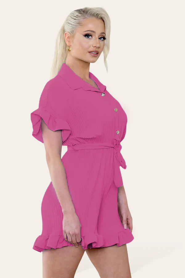 Ladies Pleated Ruffle Playsuit - Short Sleeve with Frill Hems