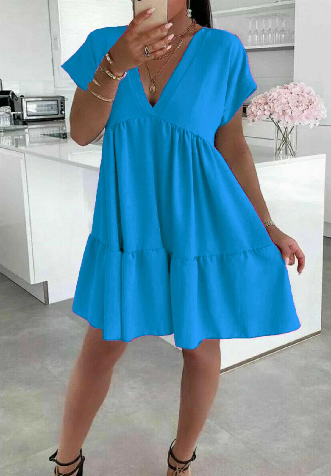 Ladies Italian V Neck Smock Dress - Long Sleeve European Design