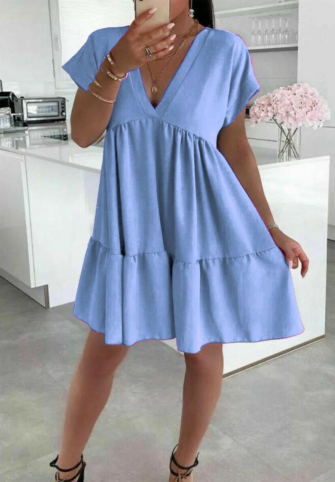 Ladies Italian V Neck Smock Dress - Long Sleeve European Design