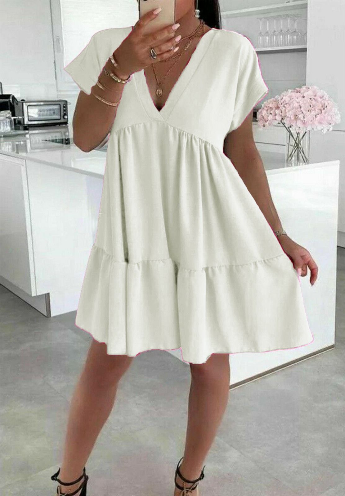 Ladies Italian V Neck Smock Dress - Long Sleeve European Design