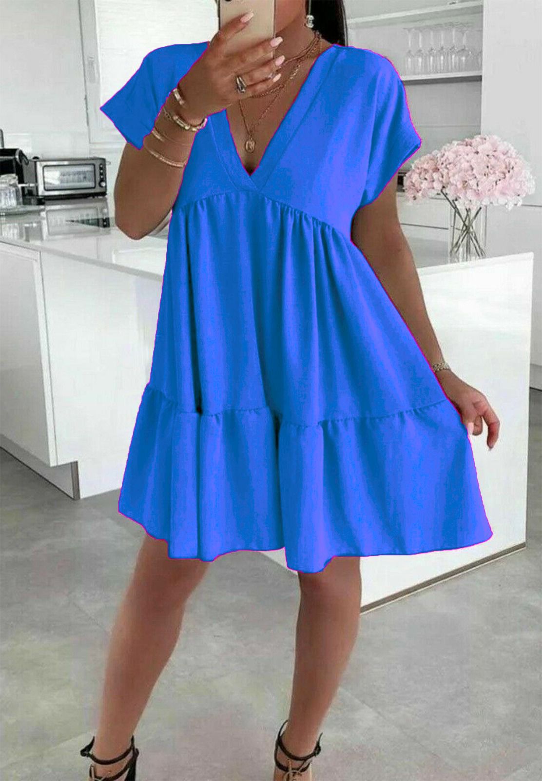 Ladies Italian V Neck Smock Dress - Long Sleeve European Design