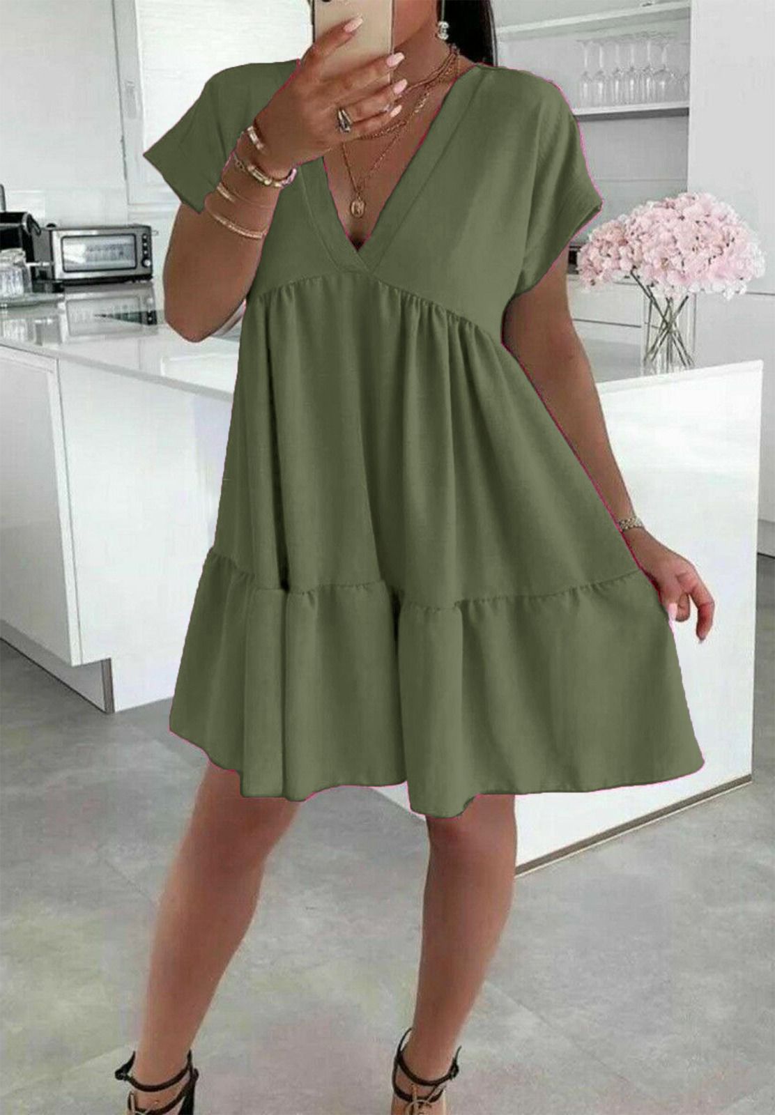Ladies Italian V Neck Smock Dress - Long Sleeve European Design