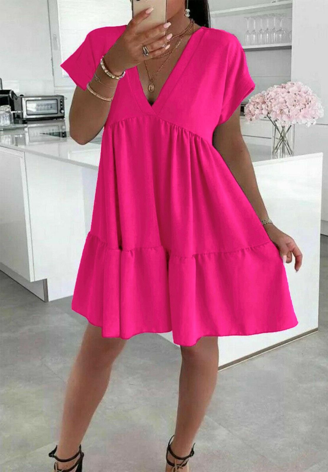 Ladies Italian V Neck Smock Dress - Long Sleeve European Design