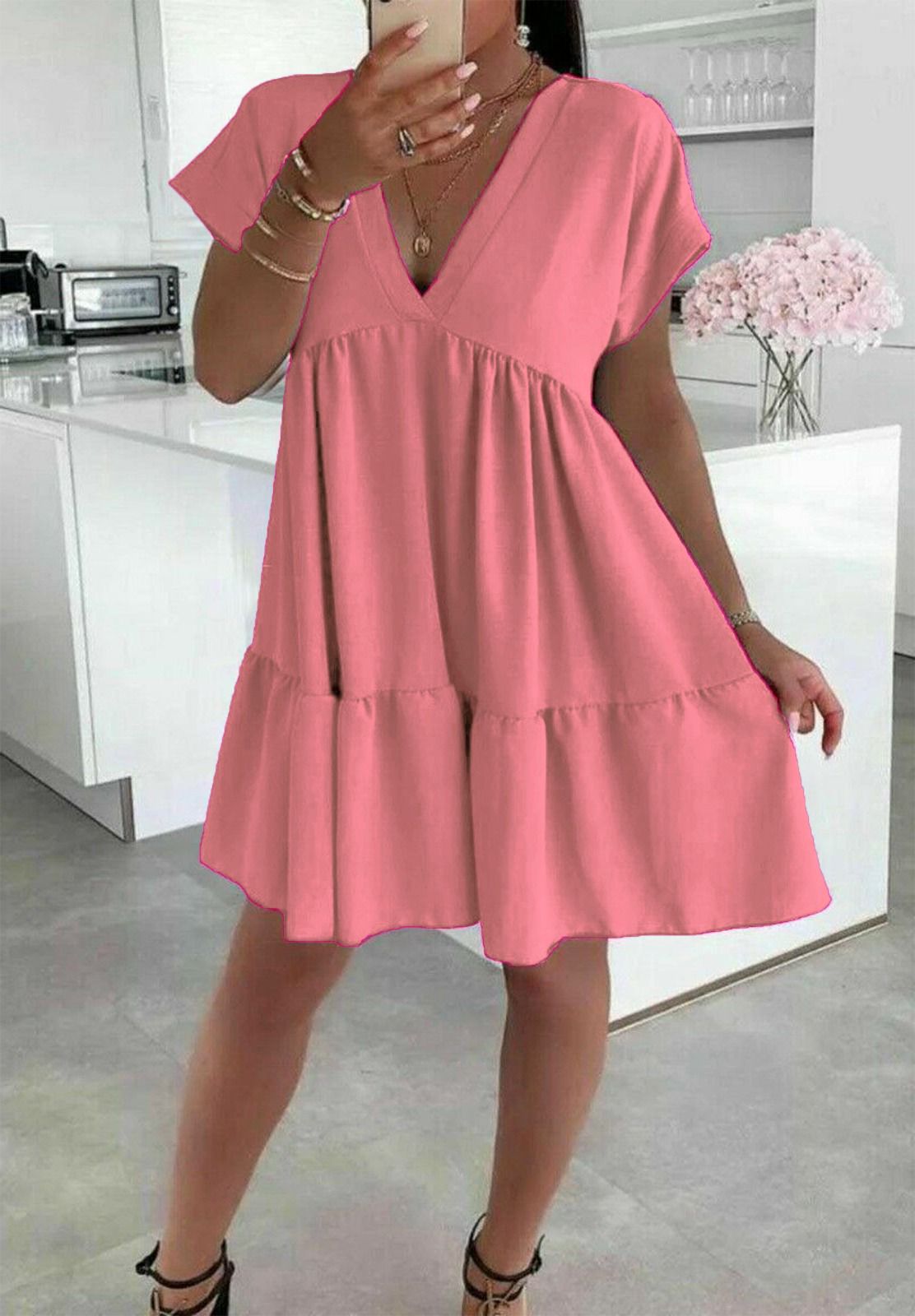 Ladies Italian V Neck Smock Dress - Long Sleeve European Design