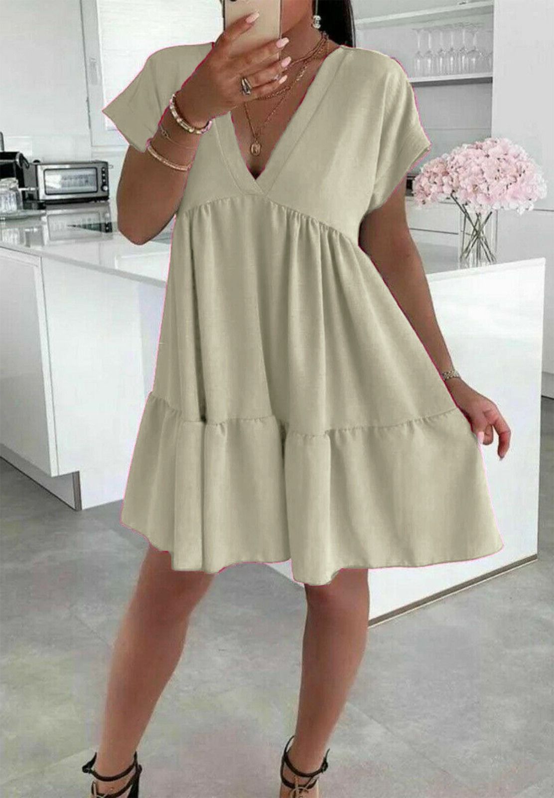 Ladies Italian V Neck Smock Dress - Long Sleeve European Design