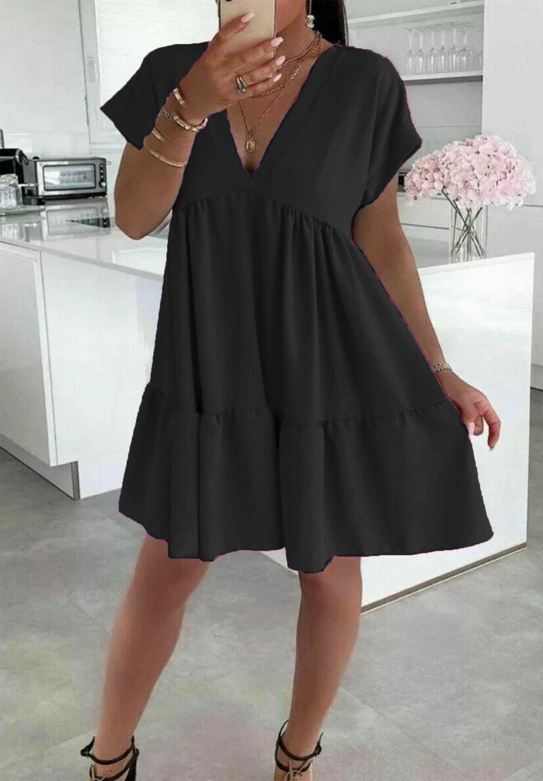 Ladies Italian V Neck Smock Dress - Long Sleeve European Design