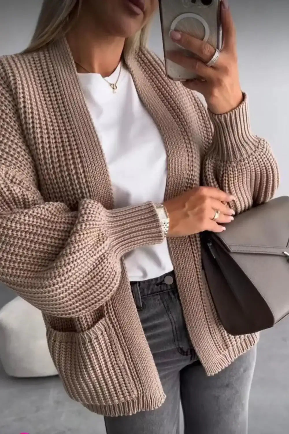 Ladies Crop Balloon Sleeve Cardigan - Pocket Detail