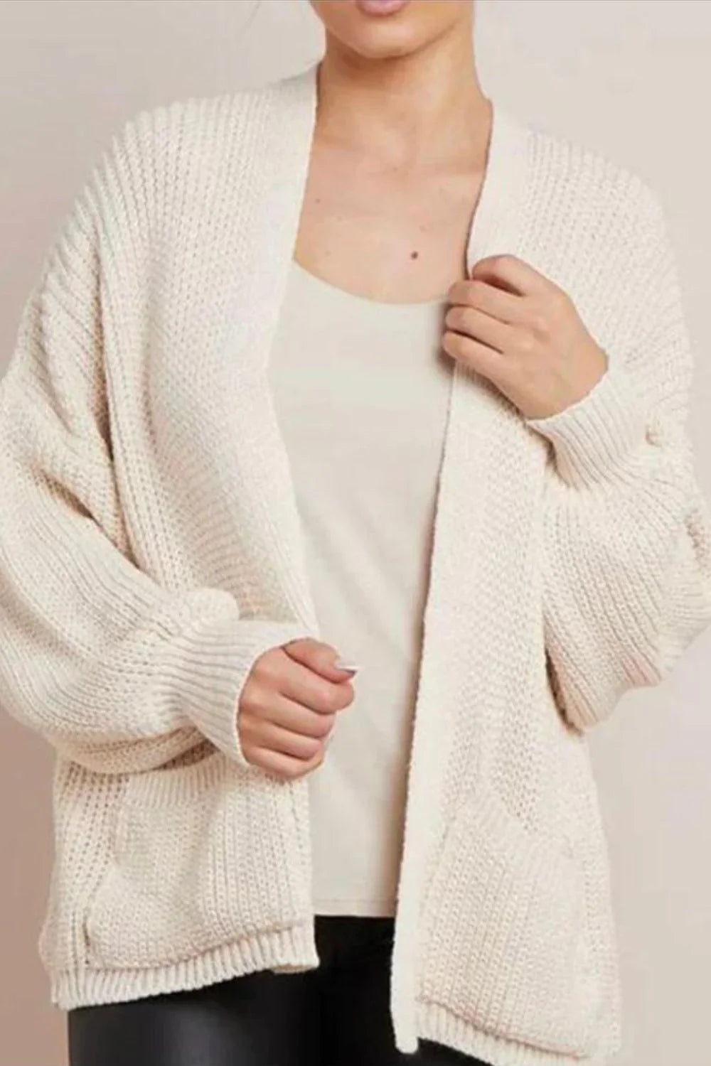 Ladies Crop Balloon Sleeve Cardigan - Pocket Detail