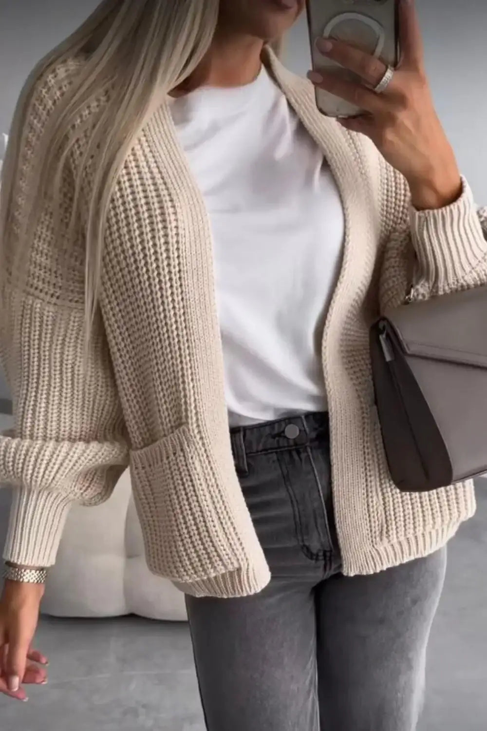 Ladies Crop Balloon Sleeve Cardigan - Pocket Detail