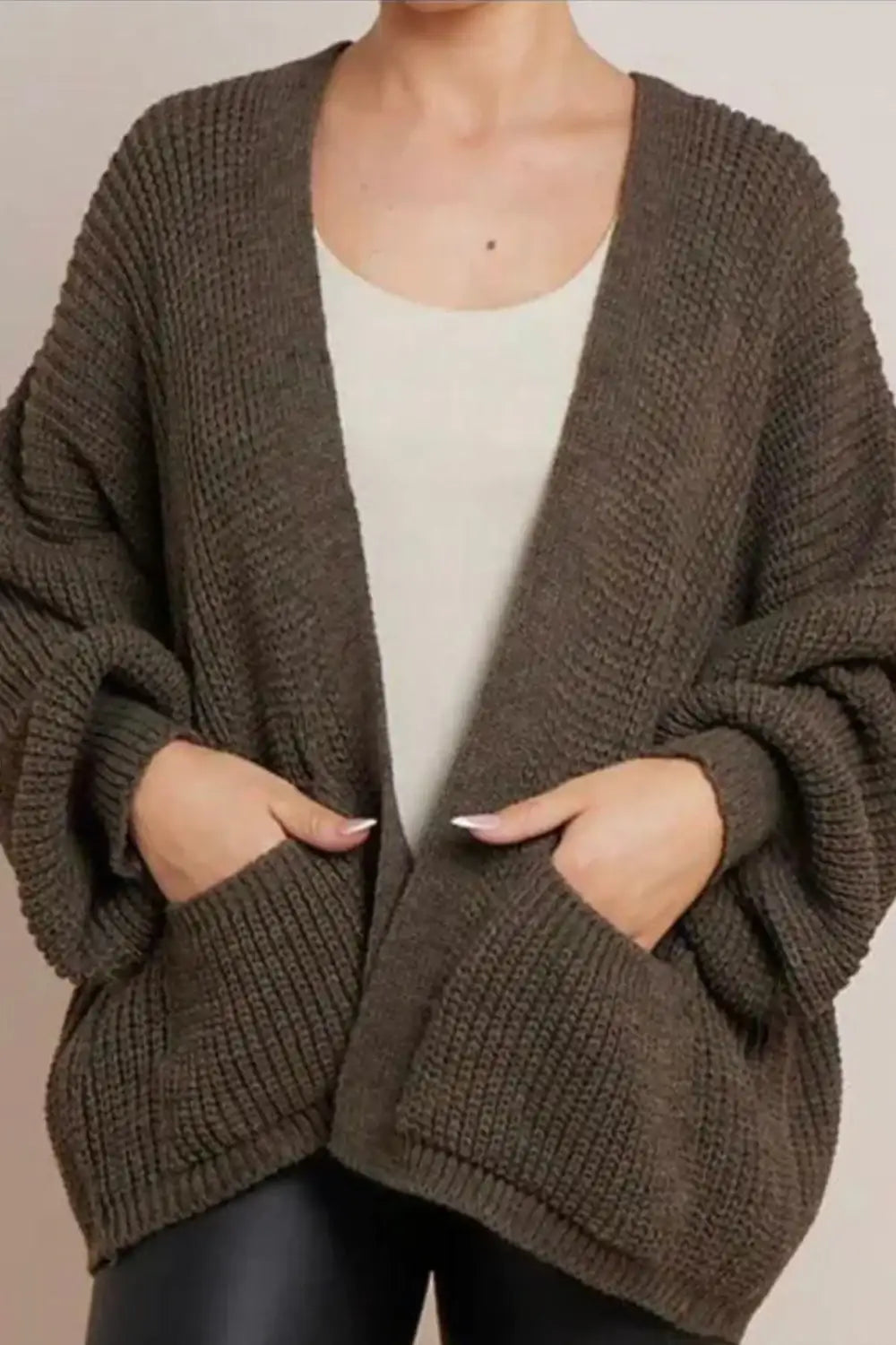 Ladies Crop Balloon Sleeve Cardigan - Pocket Detail