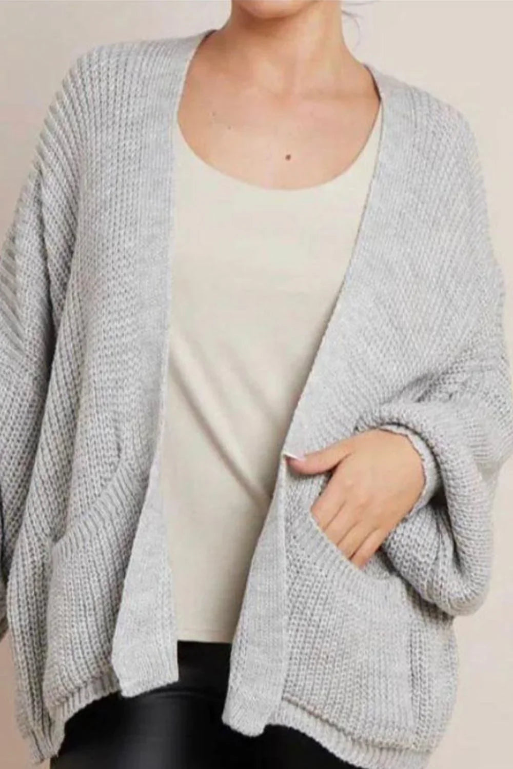 Ladies Crop Balloon Sleeve Cardigan - Pocket Detail