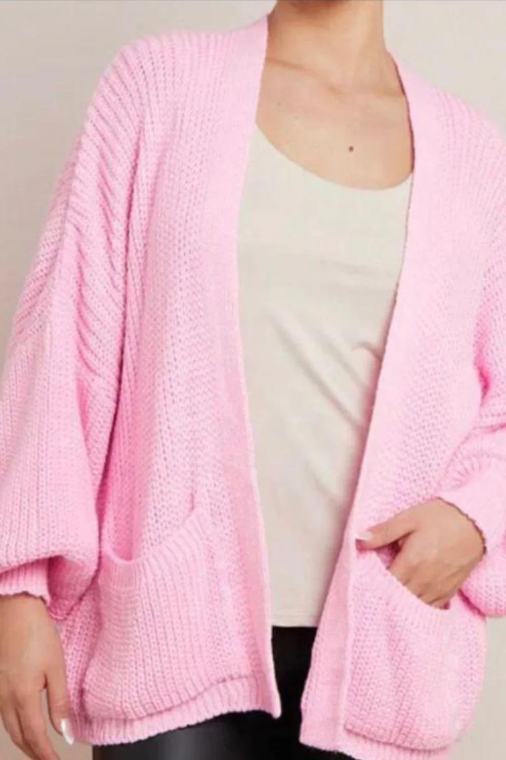 Ladies Crop Balloon Sleeve Cardigan - Pocket Detail