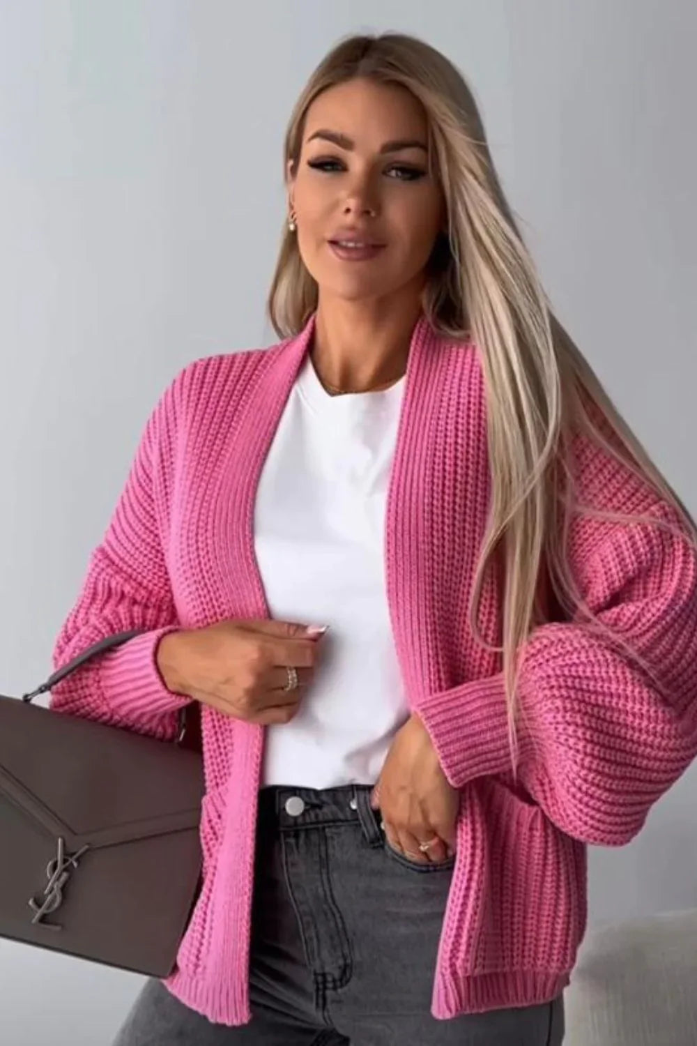 Ladies Crop Balloon Sleeve Cardigan - Pocket Detail