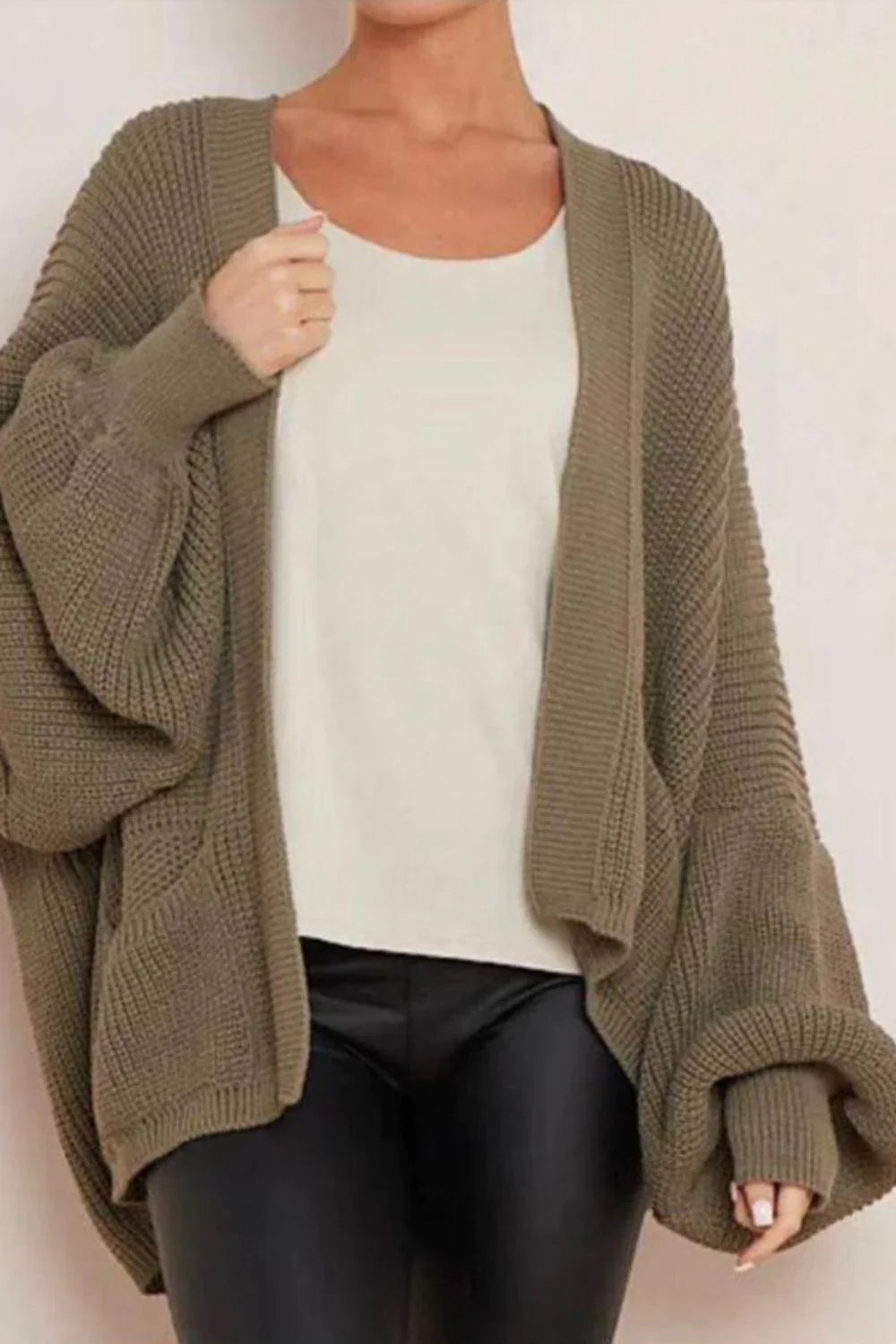 Ladies Crop Balloon Sleeve Cardigan - Pocket Detail