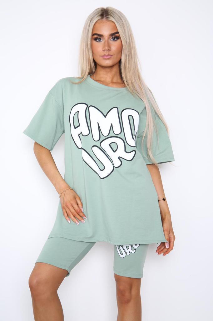 Ladies Amour Slogan T-Shirt & Cycling Shorts Co-Ord Set - Side Slit Detail