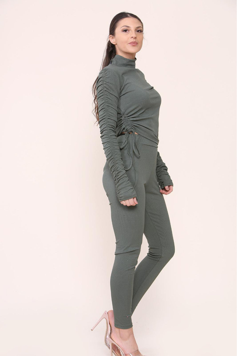 Ladies High Neck Ribbed Tee & Leggings Set - Ruched Drawstring Detail