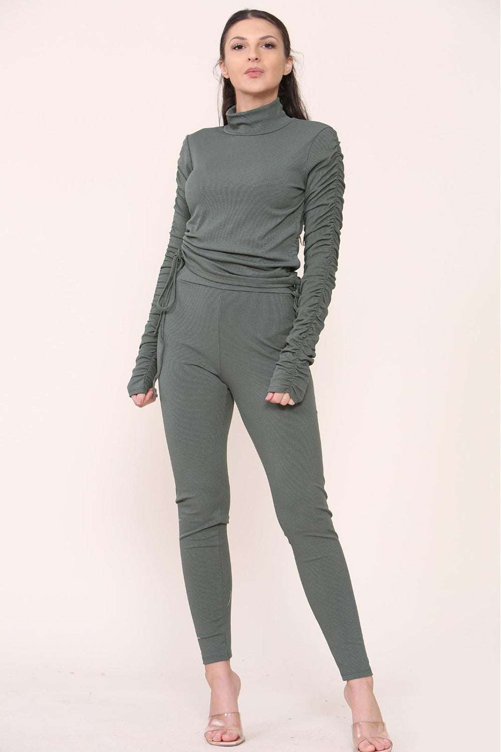 Ladies High Neck Ribbed Tee & Leggings Set - Ruched Drawstring Detail