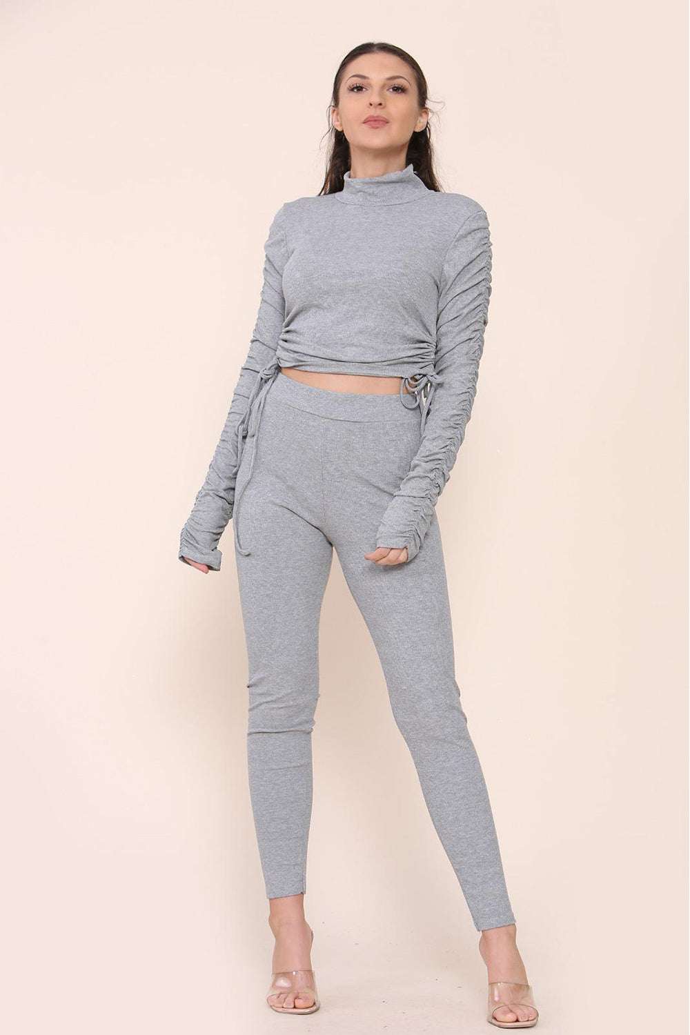 Ladies High Neck Ribbed Tee & Leggings Set - Ruched Drawstring Detail