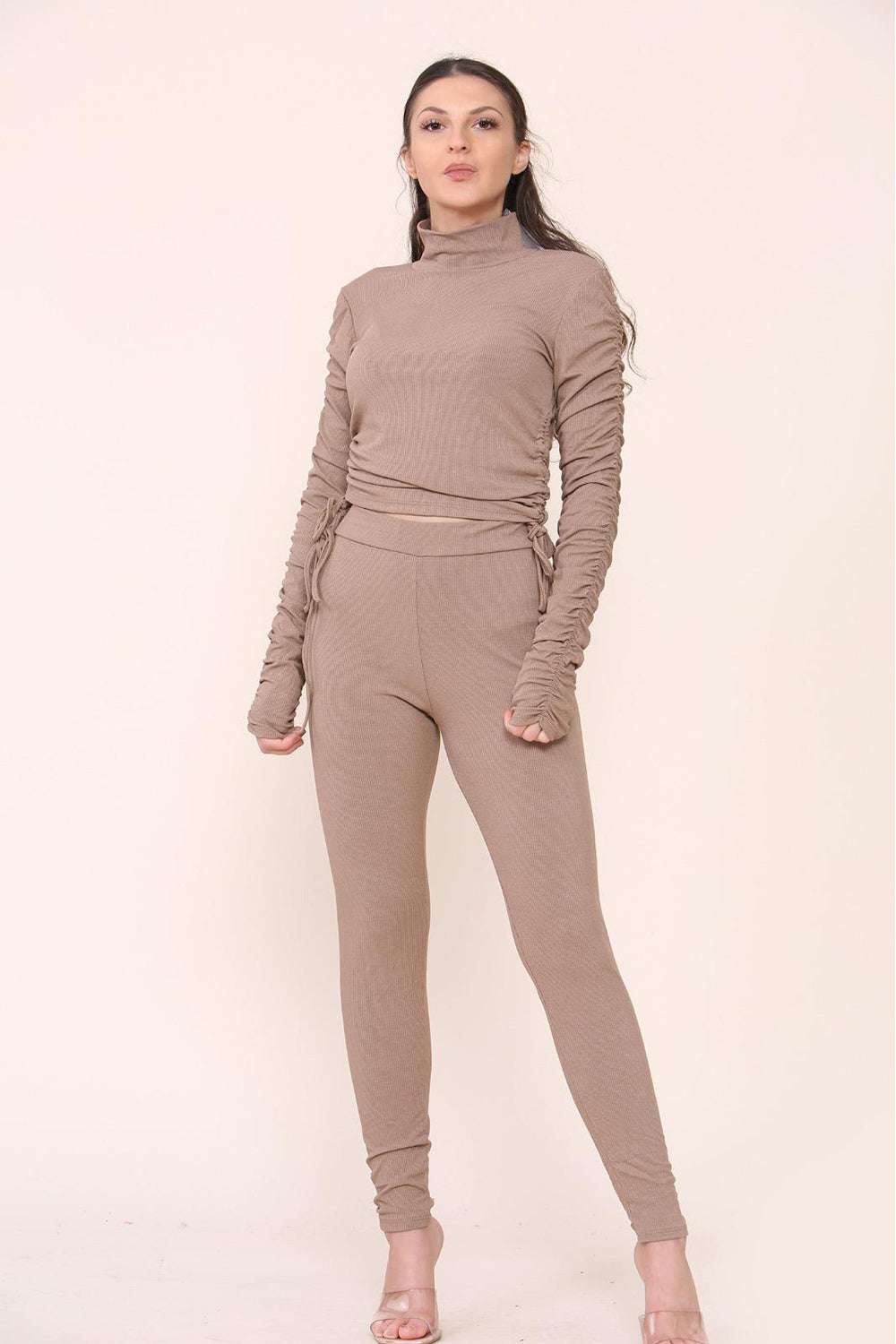 Ladies High Neck Ribbed Tee & Leggings Set - Ruched Drawstring Detail