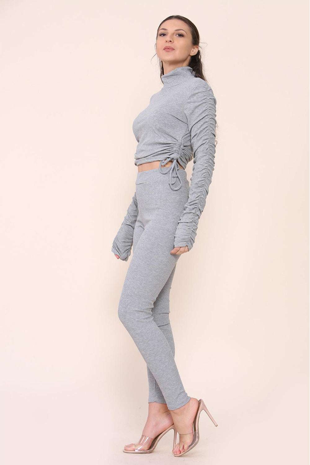 Ladies High Neck Ribbed Tee & Leggings Set - Ruched Drawstring Detail