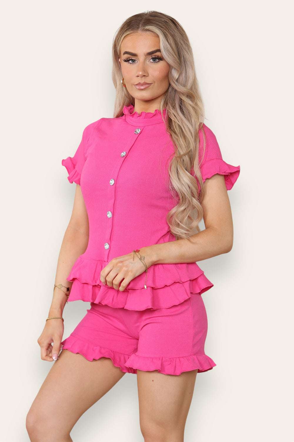 Ladies Diamond Frilled Edge Top & Shorts Co-Ord Set - Two Piece