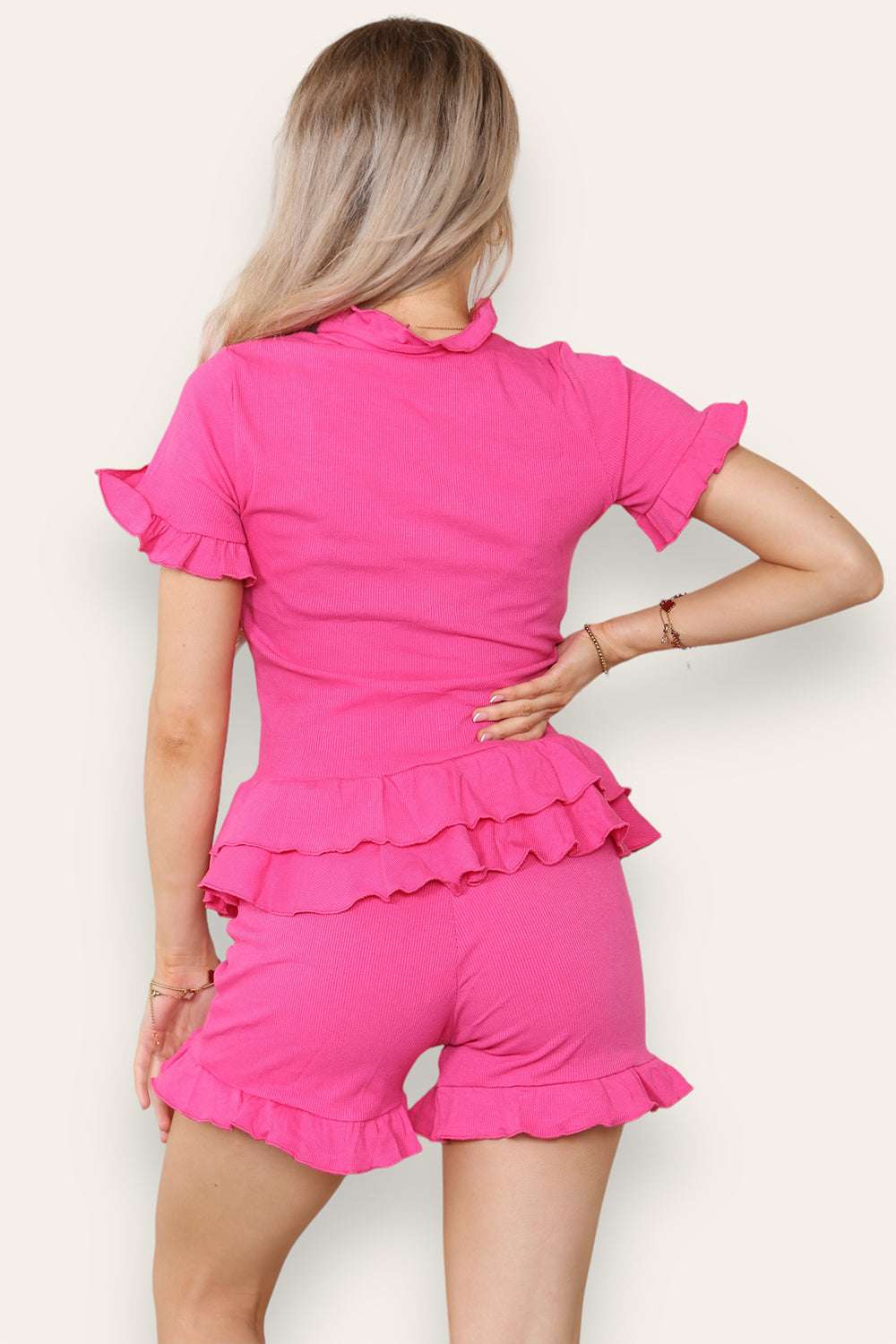 Ladies Diamond Frilled Edge Top & Shorts Co-Ord Set - Two Piece