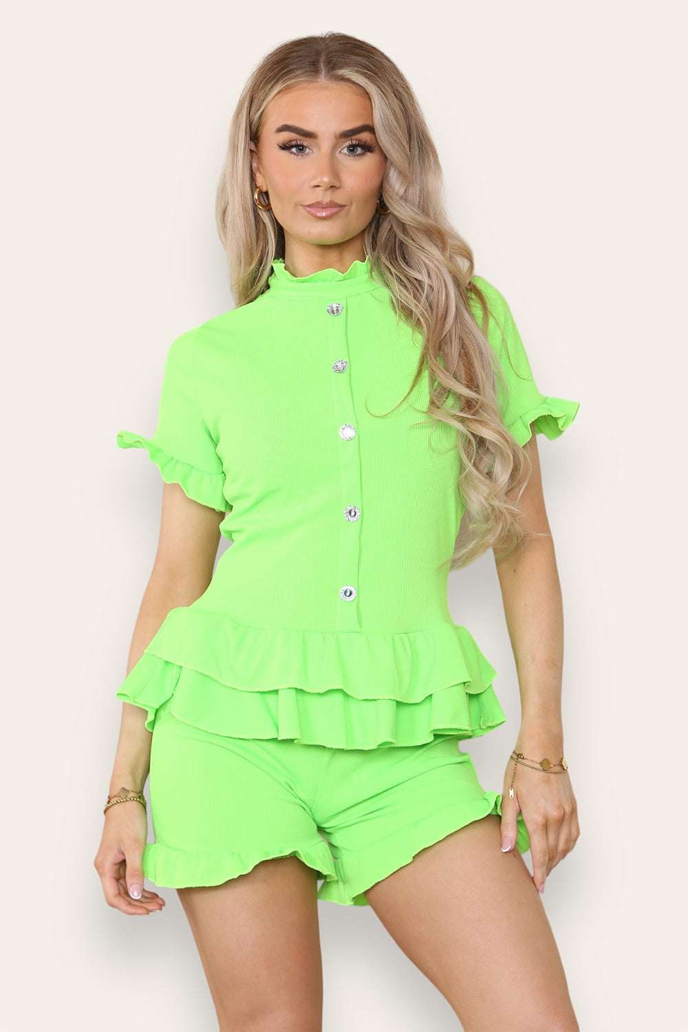 Ladies Diamond Frilled Edge Top & Shorts Co-Ord Set - Two Piece