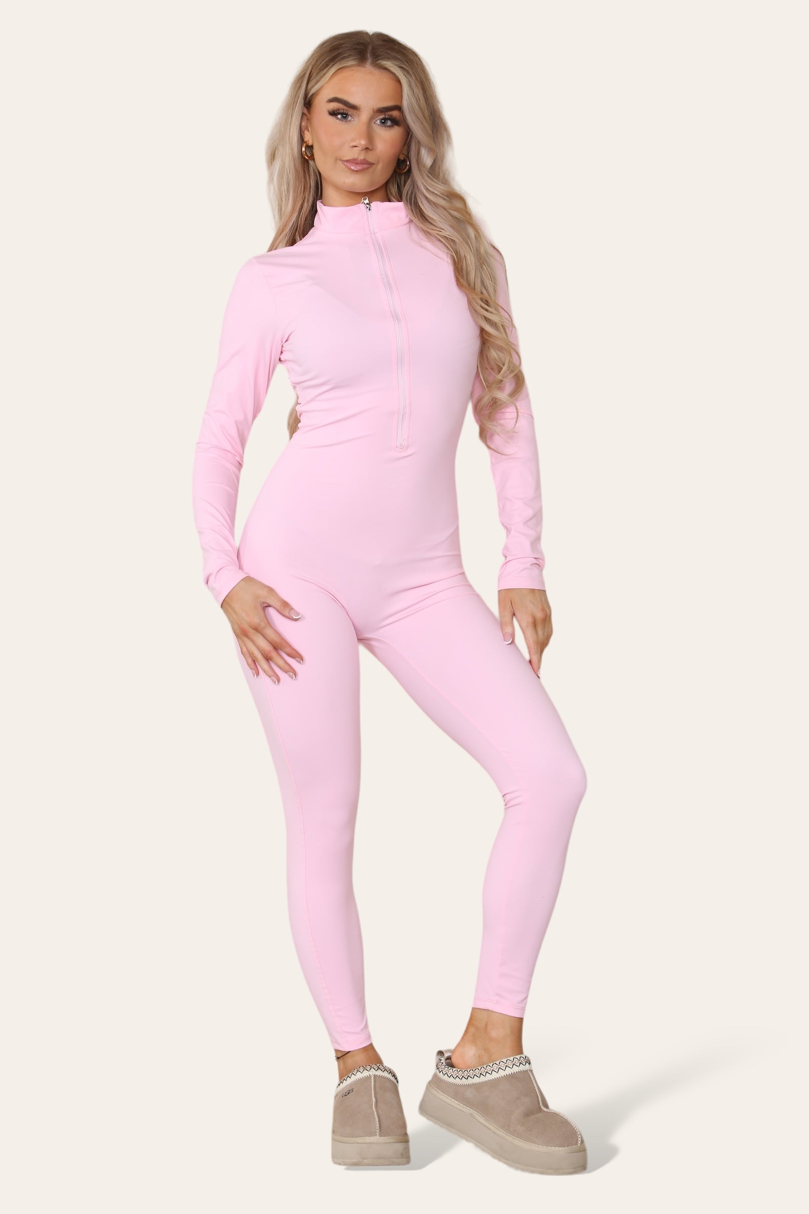 Ladies Ribbed High Neck Jumpsuit - Zipper Collar Unitard Set