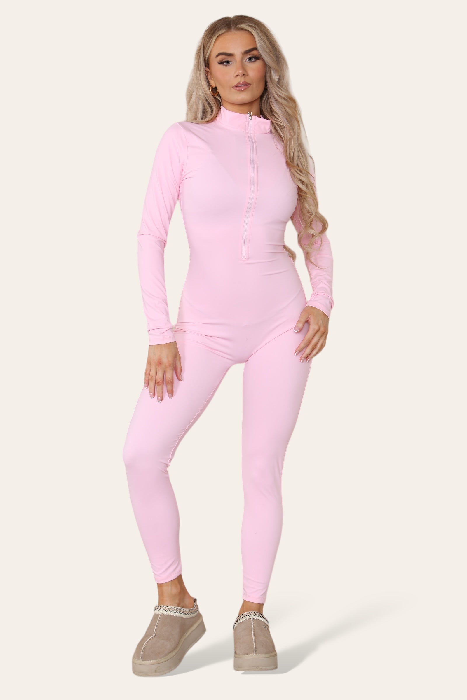 Ladies Ribbed High Neck Jumpsuit - Zipper Collar Unitard Set
