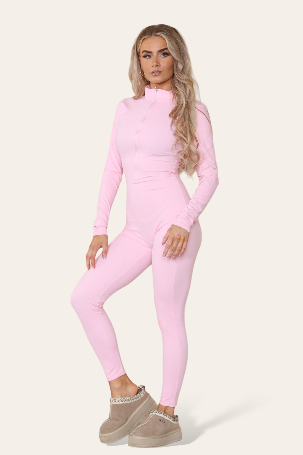 Ladies Ribbed High Neck Jumpsuit - Zipper Collar Unitard Set