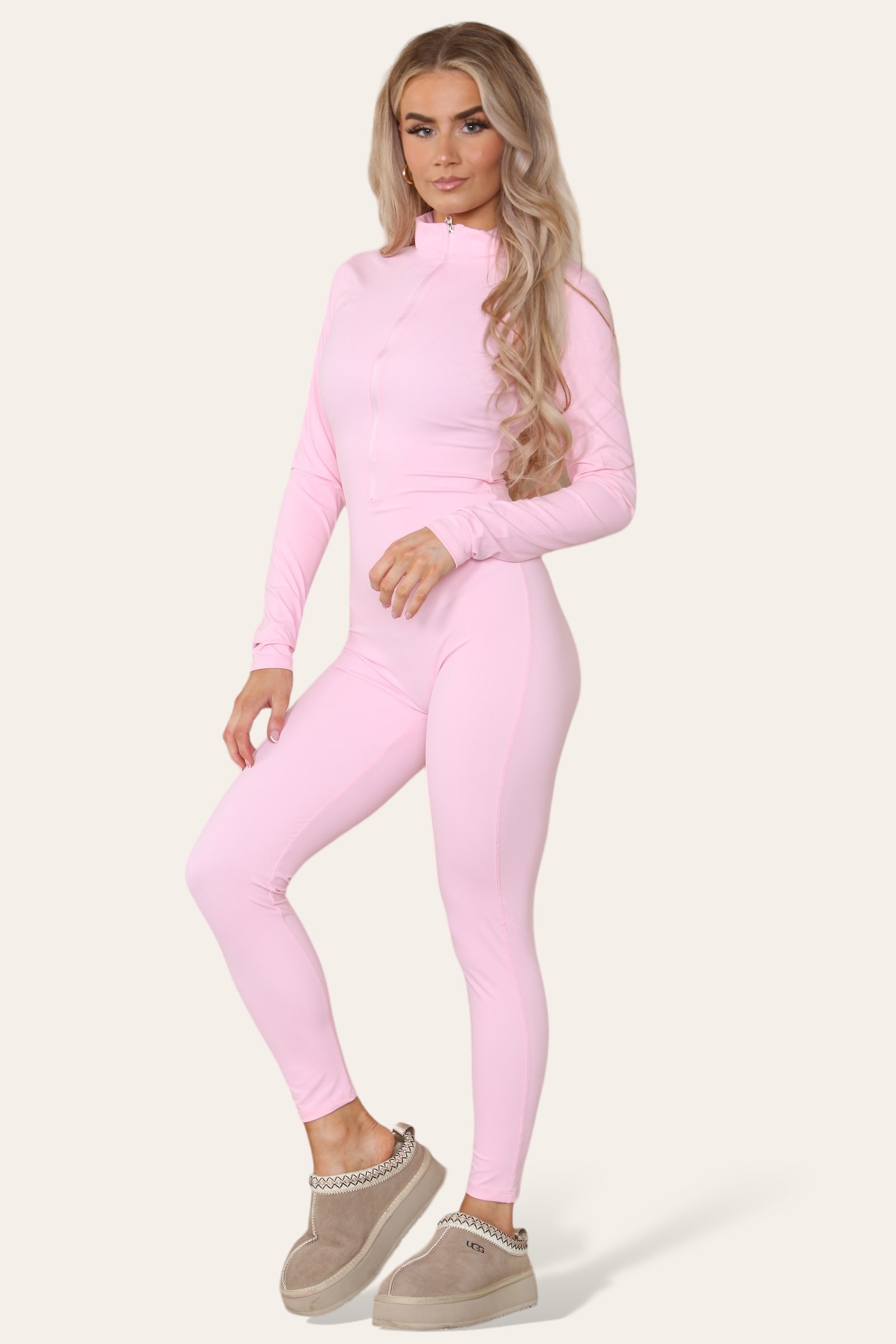 Ladies Ribbed High Neck Jumpsuit - Zipper Collar Unitard Set