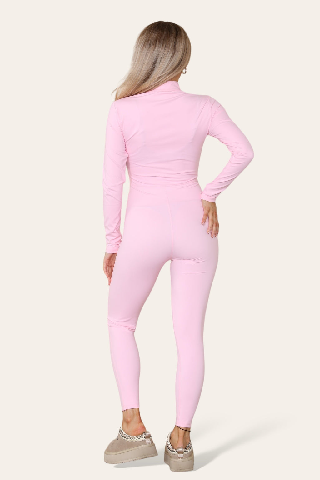 Ladies Ribbed High Neck Jumpsuit - Zipper Collar Unitard Set
