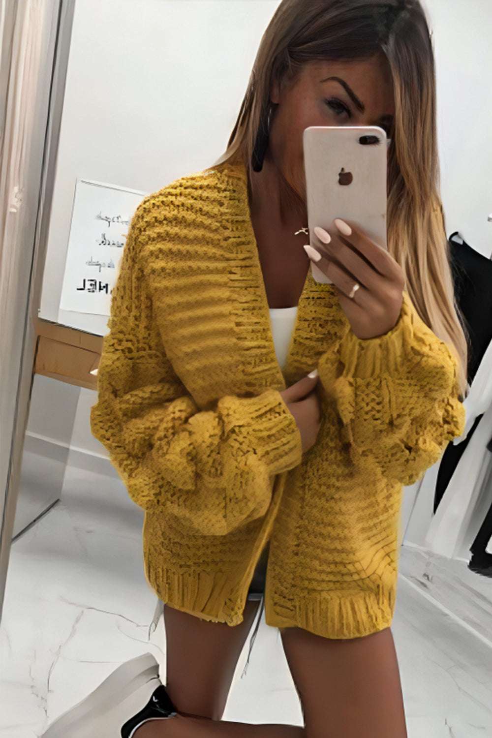 Ladies Bubble Sleeves Knitted Cardigan - Statement Sleeve Design