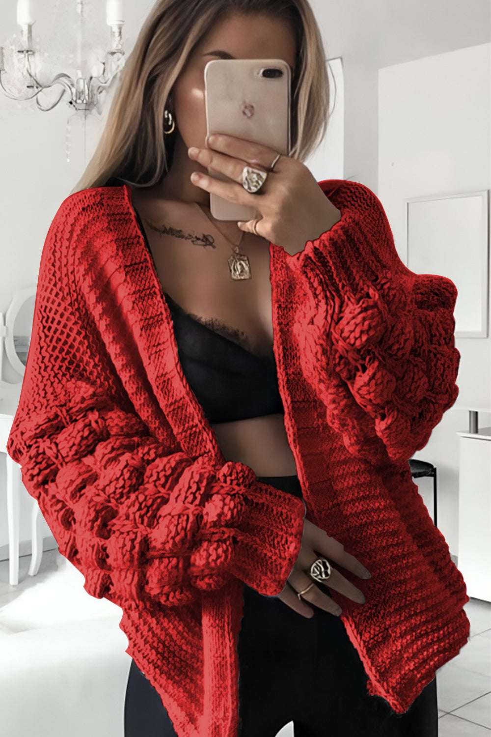 Ladies Bubble Sleeves Knitted Cardigan - Statement Sleeve Design