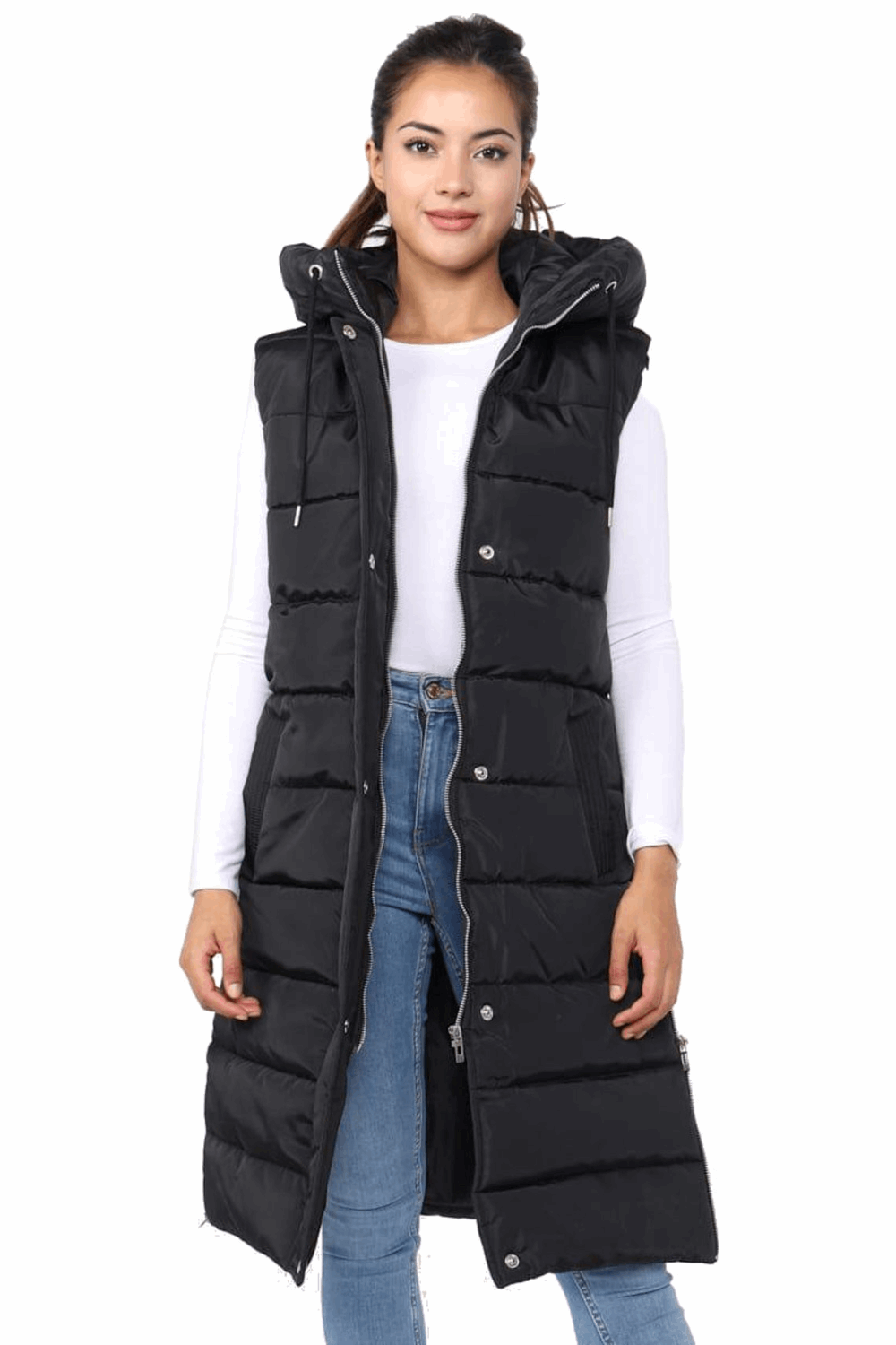 Ladies Long Hooded Puffer Gilet - Padded Sleeveless Bodywarmer