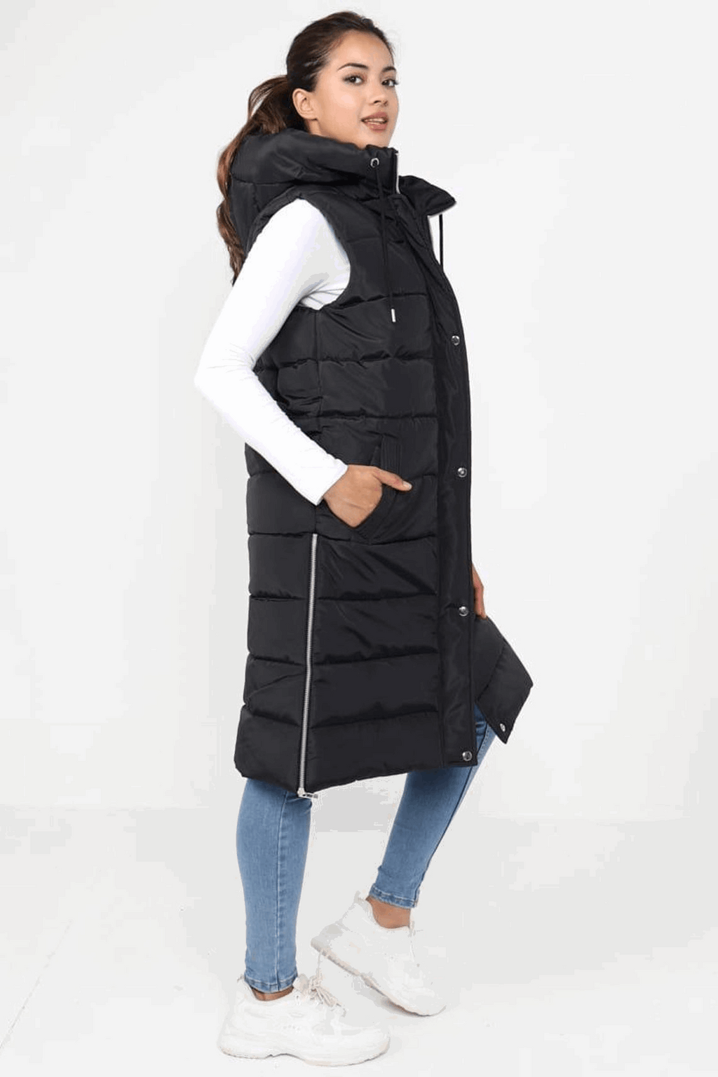 Ladies Long Hooded Puffer Gilet - Padded Sleeveless Bodywarmer