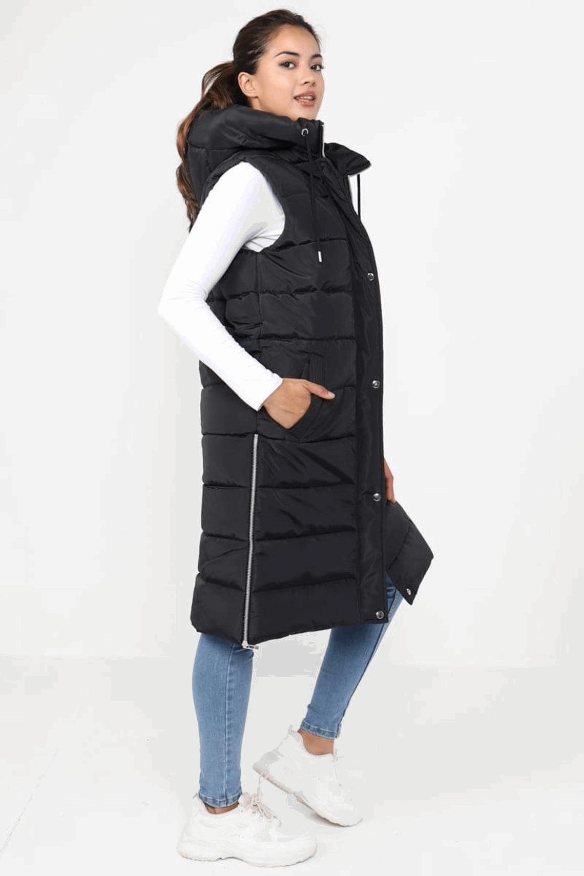 Ladies Long Hooded Puffer Gilet - Padded Sleeveless Bodywarmer