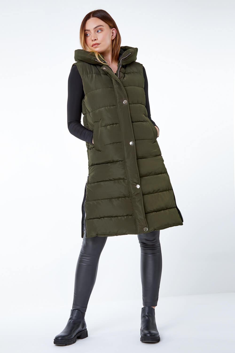 Ladies Long Hooded Puffer Gilet - Padded Sleeveless Bodywarmer