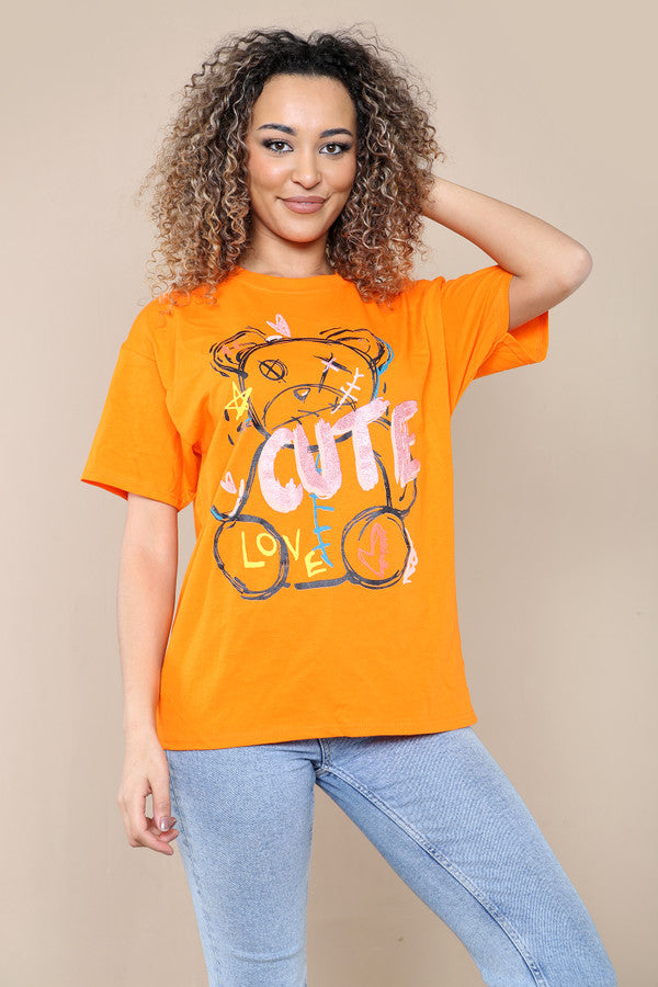 Ladies Oversized Cute Teddy Bear Slogan T-Shirt - Short Sleeve Printed Top