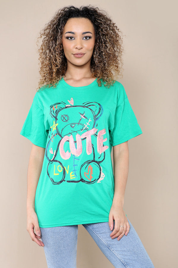Ladies Oversized Cute Teddy Bear Slogan T-Shirt - Short Sleeve Printed Top